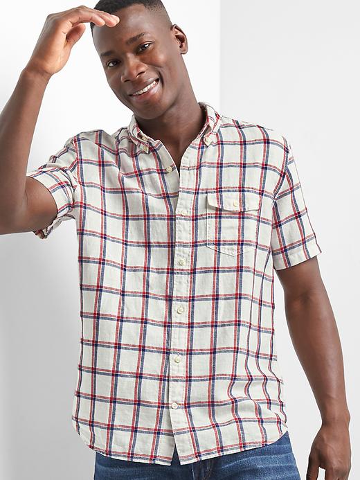 Image number 1 showing, Linen-cotton plaid short sleeve shirt