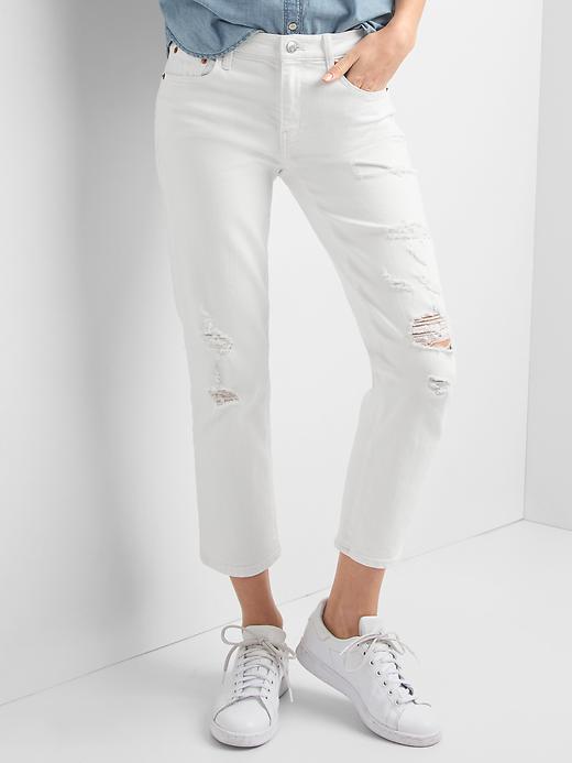 Image number 1 showing, Mid rise destructed slim crop jeans