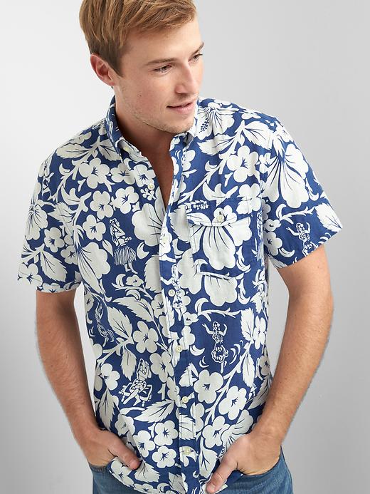 View large product image 1 of 1. Linen-cotton print short sleeve shirt