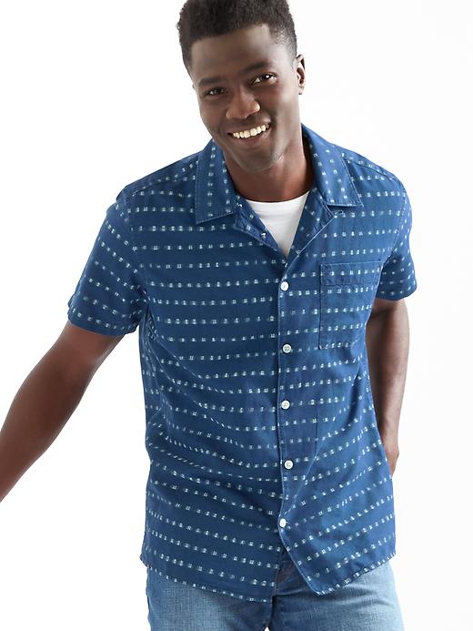 Image number 1 showing, Denim shibori dot standard fit short sleeve shirt