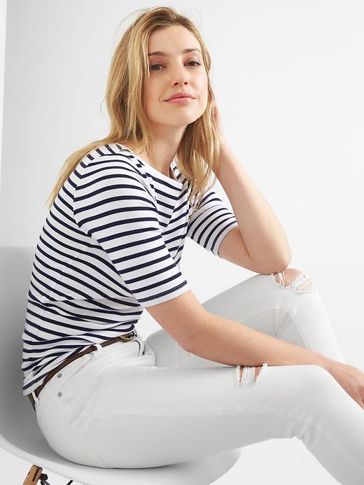 View large product image 1 of 1. Stripe elbow sleeve modern boatneck
