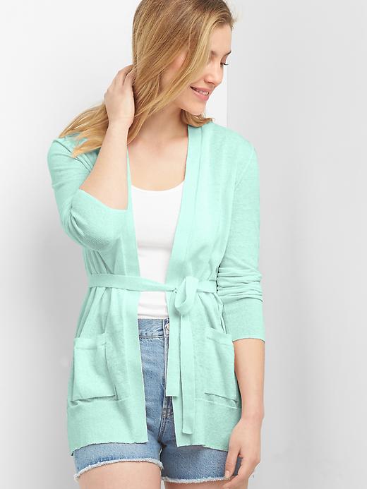 View large product image 1 of 1. Linen tie-belt cardigan