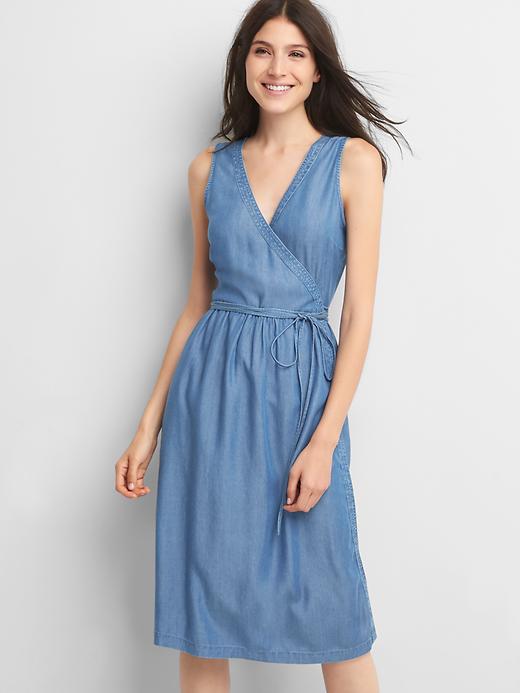 Image number 1 showing, Denim sleeveless wrap dress