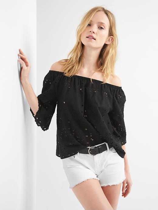 View large product image 1 of 1. Eyelet flutter sleeve top