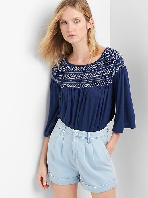 Image number 1 showing, Smocked bell-sleeve top