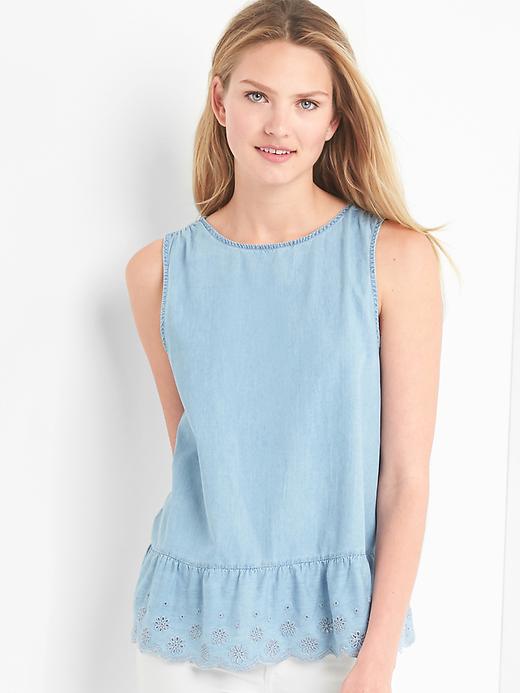 Image number 1 showing, Eyelet denim peplum tank