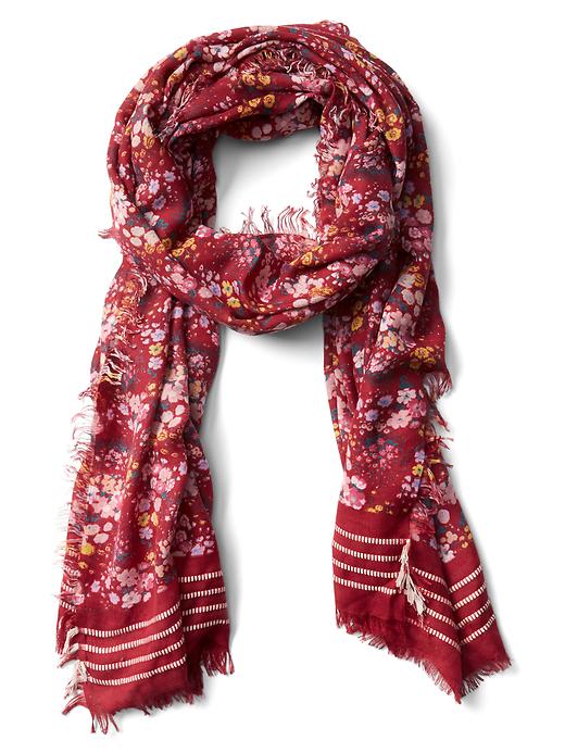 View large product image 1 of 1. Floral stripe fringe scarf