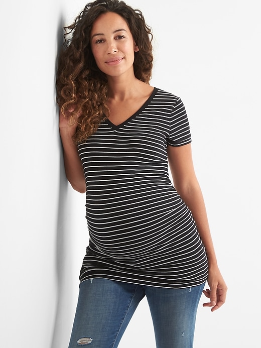 View large product image 1 of 1. Maternity Pure Body stripe V-neck tee