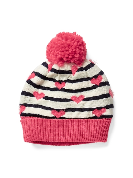 View large product image 1 of 1. Pom-pom heart and stripes beanie