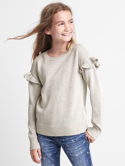 View large product image 1 of 1. Shimmer Ruffle Crewneck Sweater