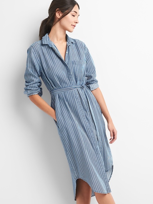 Image number 1 showing, TENCEL&#153 Stripe Tie-Waist Midi Shirt Dress