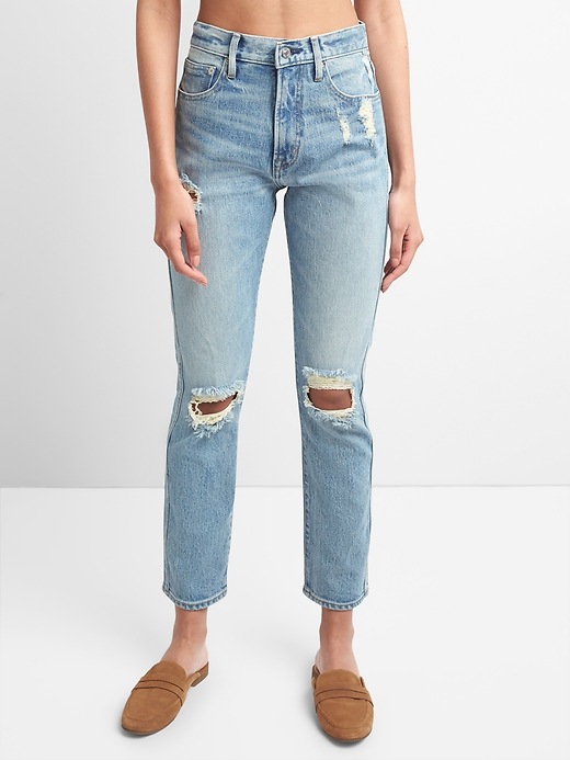 Image number 7 showing, High Rise Cone Denim&#174 Slim Straight Jeans in Destructed