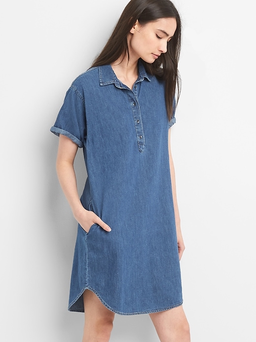 Image number 1 showing, Short Sleeve Denim Pullover Shirtdress