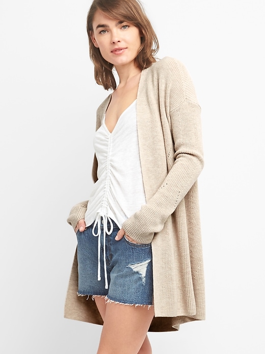 Image number 1 showing, Open-Front Shaker Stitch Cardigan Sweater in Merino Wool-Blend