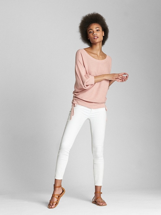 Image number 3 showing, Puff-Sleeve Pullover Sweater with Lace-Up Detail