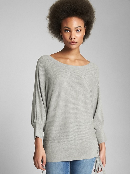 Image number 7 showing, Puff-Sleeve Pullover Sweater with Lace-Up Detail
