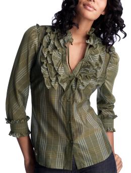 Women: 3/4-sleeved ruffle-front top - green plaid
