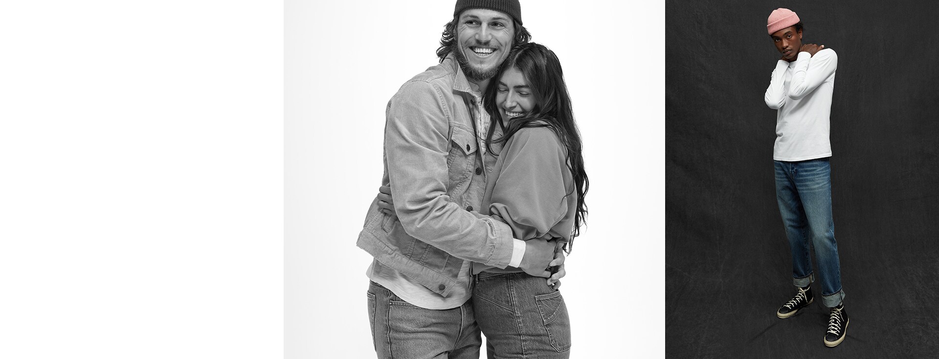 Black and white photo of a couple wearing denim jackets and jeans, and a color photo of a man wearing a knit hat, jeans, and a sweatshirt