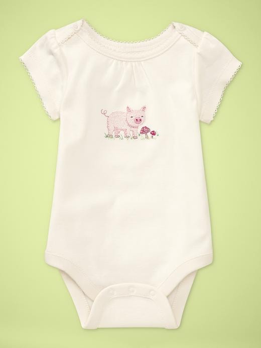 1 of 8 showing, with the color Piggy of product Embroidered picot trim bodysuit