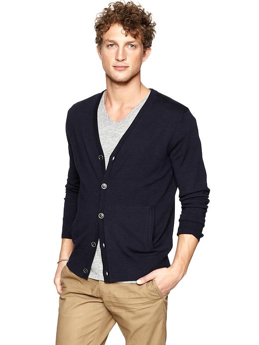 1 of 8 showing, with the color true navy of product Merino cardigan sweater