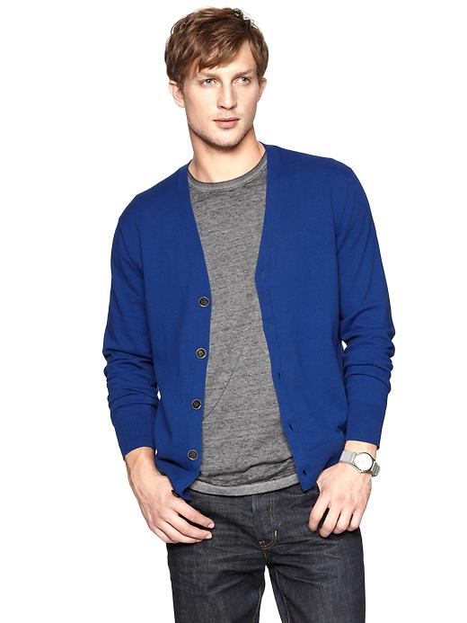 1 of 8 showing, with the color electric blue of product Solid cotton cardigan sweater