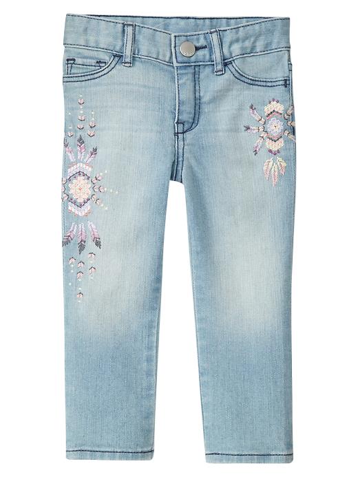 1 of 8 showing, with the color light denim of product Embroidered skinny jeans (light wash)
