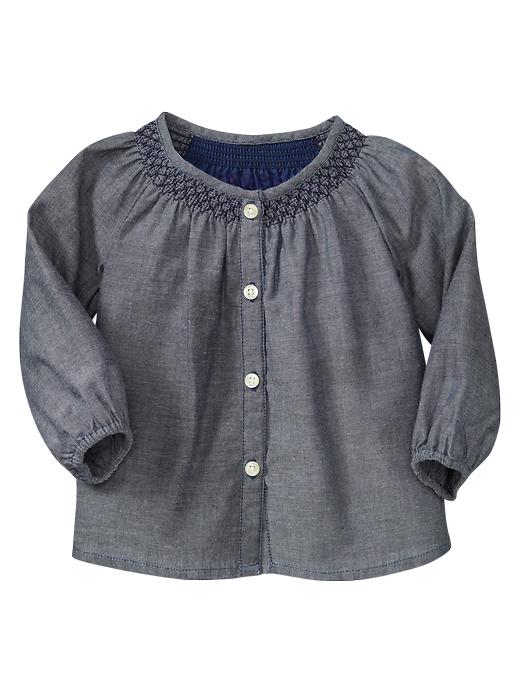 View large product image 1 of 1. Embroidered chambray top
