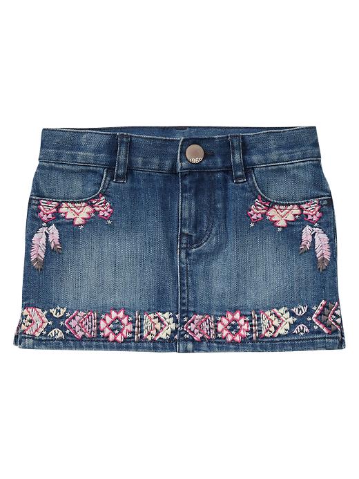 1 of 8 showing, with the color medium denim of product Embroidered denim skirt