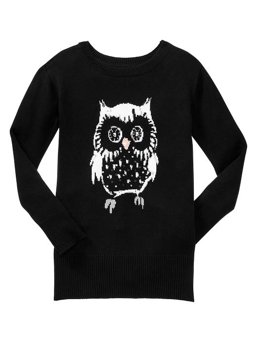1 of 8 showing, with the color true black of product Intarsia owl tunic sweater