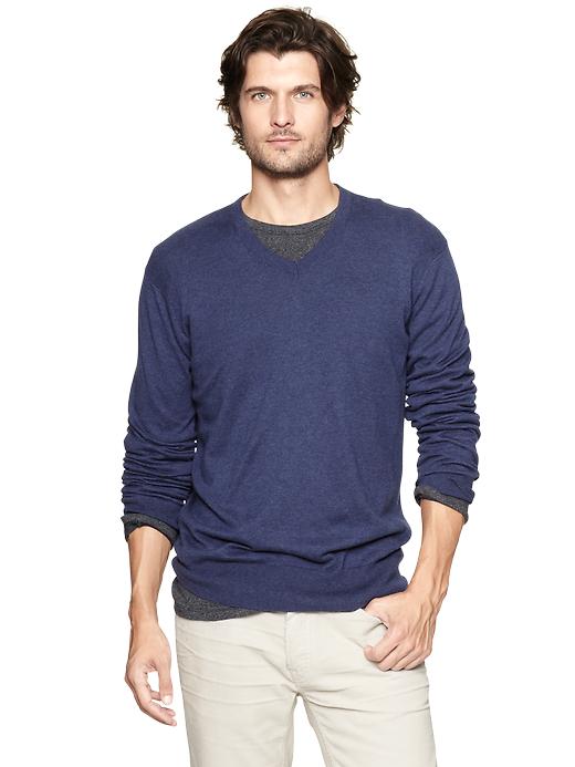 1 of 8 showing, with the color navy heather of product Merino V-neck sweater