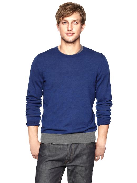 1 of 8 showing, with the color blue heather of product Merino color block crewneck sweater