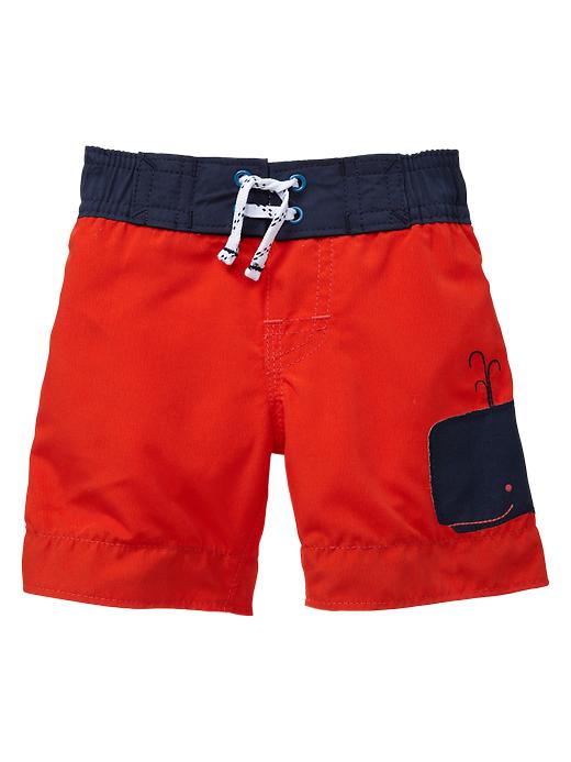 1 of 8 showing, with the color crimson red of product Whale swim trunks