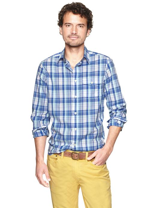 View large product image 1 of 1. Flap pocket plaid shirt