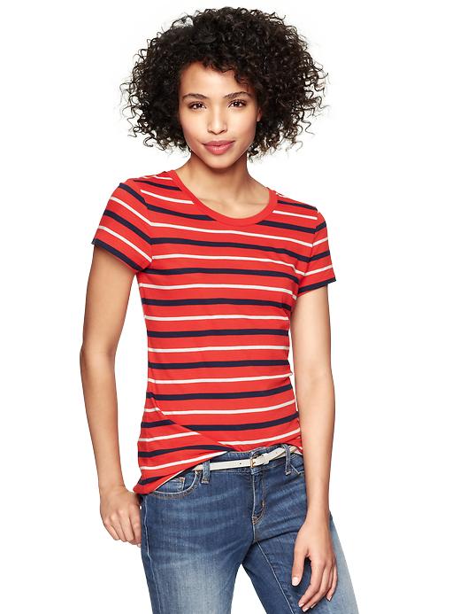 1 of 8 showing, with the color red & navy stripe of product Essential multi-stripe crew T