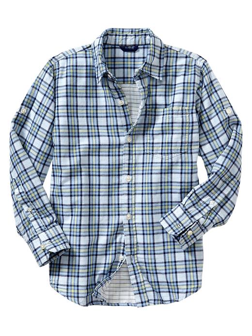 2 of 8 showing, with the color blue plaid of product Double-weave convertible plaid shirt