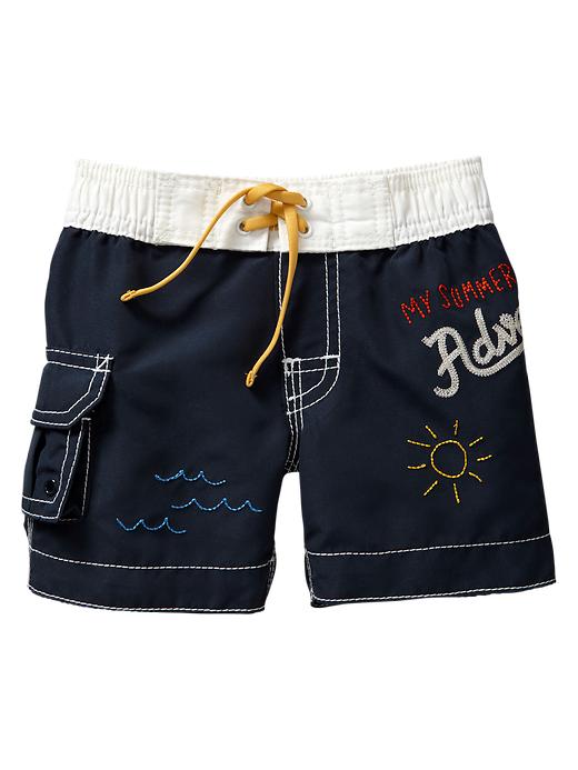 1 of 8 showing, with the color navy of product Embroidered cargo swim trunks