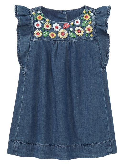 1 of 8 showing, with the color denim of product Embroidered denim flutter dress