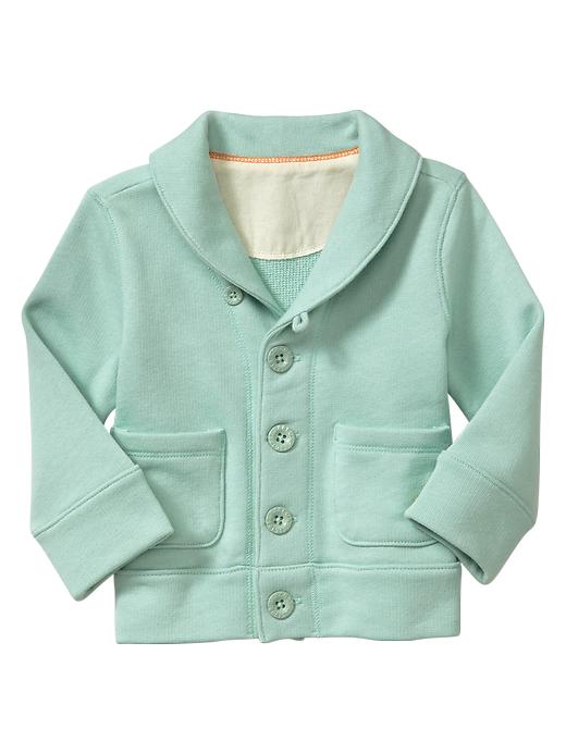 1 of 8 showing, with the color fantasy aqua of product French terry shawl sweater
