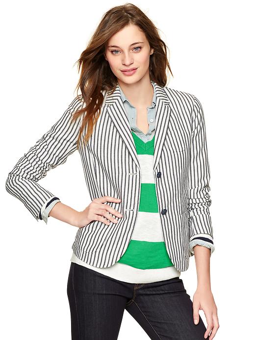 1 of 8 showing, with the color navy & white stripe of product Striped linen unstructured blazer