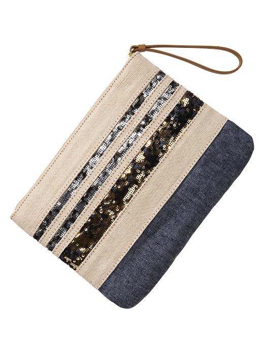 1 of 8 showing, with the color denim of product Sequin stripe zip clutch