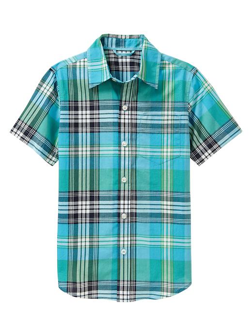 1 of 8 showing, with the color blue/green plaid of product Short-sleeve aqua plaid shirt