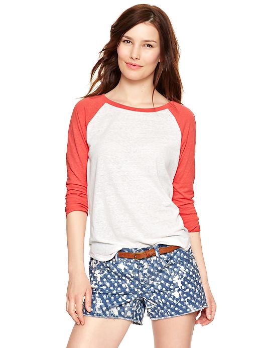 1 of 8 showing, with the color fire coral of product Baseball T