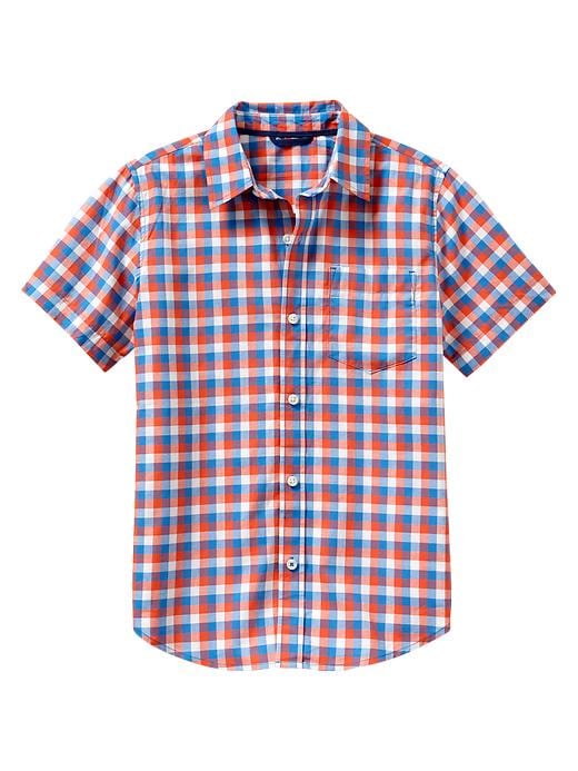 1 of 8 showing, with the color orange and blue plaid of product Short-sleeve green gingham shirt