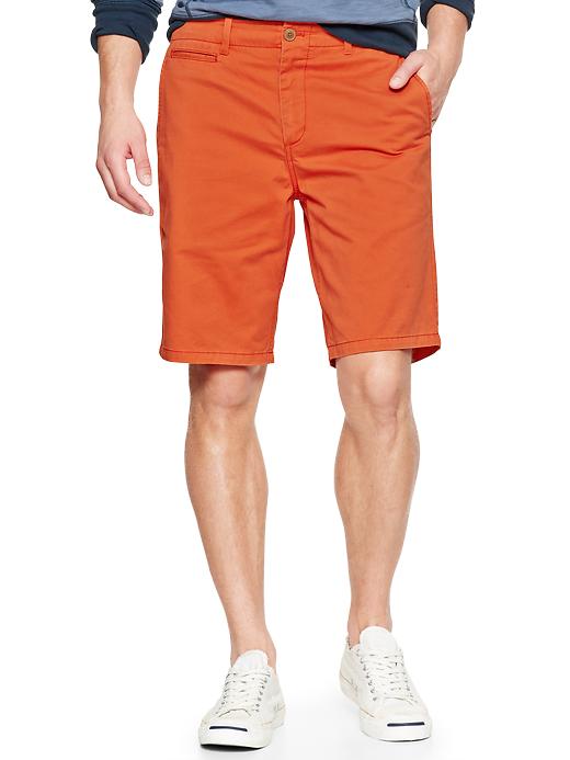 1 of 8 showing, with the color fireglow of product Lived-in flat front shorts (10")