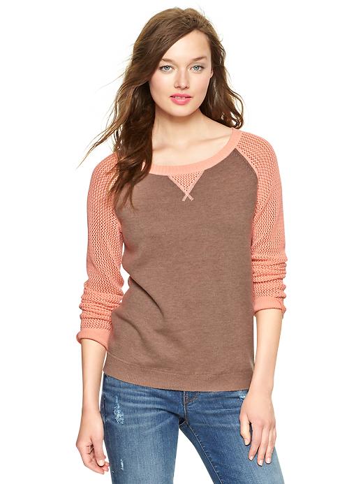 1 of 8 showing, with the color oatmeal heather of product Mesh-sleeve colorblock sweater