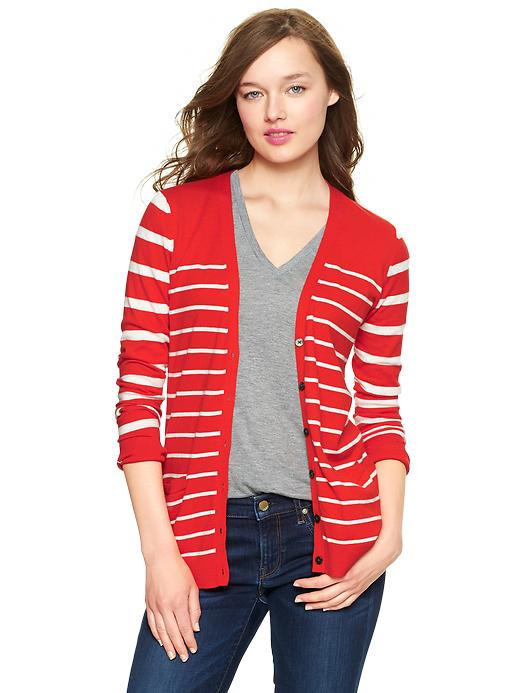 1 of 8 showing, with the color fiery red of product Luxlight stripe V-neck cardigan