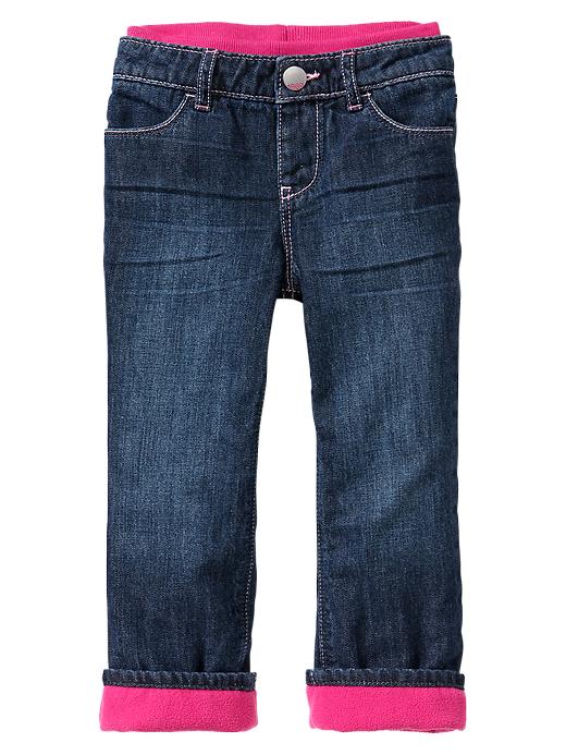 1 of 8 showing, with the color medium denim of product Fleece-lined knit-waist straight jeans