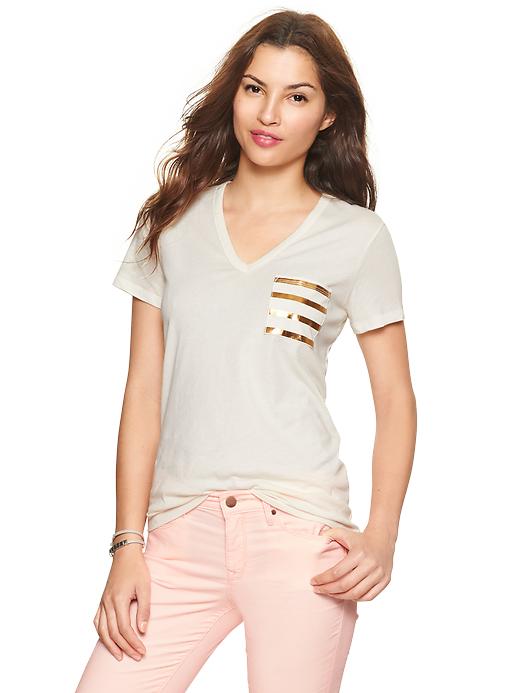1 of 8 showing, with the color snow cap of product Stripe-pocket V-neck tee
