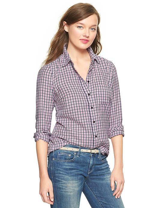 1 of 8 showing, with the color blue plaid of product Fitted boyfriend plaid flannel shirt