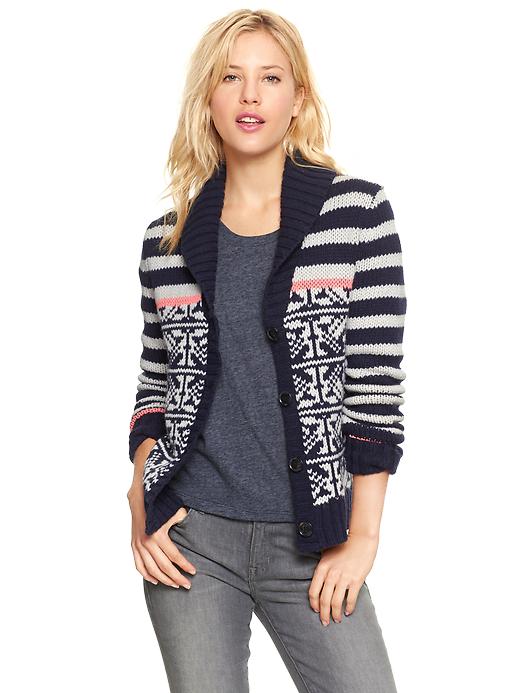 1 of 8 showing, with the color dark night of product Fair Isle stripe shawl cardigan